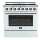 Front view of the FORNO Paolo 36-Inch Electric Range in white, featuring a clean white finish, smooth ceramic glass cooktop, and professional-grade control knobs in stainless steel.