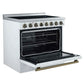 Left-angled front view of the FORNO Paolo 36-Inch Electric Range in white with the oven door open, showing the blue enamel oven interior, convection fan, and adjustable oven racks.