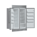 Interior view of FORNO Rizzuto 60-Inch Refrigerator-Freezer Combo in stainless steel, showing dual swing doors, adjustable glass shelves, door storage bins, and lower freezer basket.