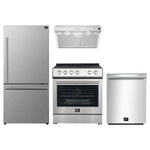 Full view of the FORNO 4-Piece Appliance Package, including a stainless steel French door refrigerator, a gas range, a built-in dishwasher, and a range hood, all featuring a cohesive modern design ideal for a complete kitchen upgrade.