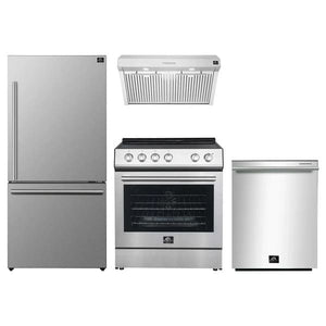 Full view of the FORNO 4-Piece Appliance Package, including a stainless steel French door refrigerator, a gas range, a built-in dishwasher, and a range hood, all featuring a cohesive modern design ideal for a complete kitchen upgrade.
