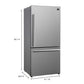Dimension diagram of the FORNO Milano stainless steel French door refrigerator, displaying height, width, and depth measurements along with layout specifications for installation within the 4-Piece Appliance Package setup.