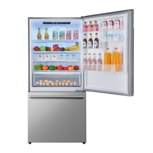 Front view of the FORNO Milano stainless steel French door refrigerator with both doors and freezer drawers open, revealing spacious interior compartments, adjustable glass shelves, crispers, and LED lighting, designed for organized food storage within the 4-Piece Appliance Package.