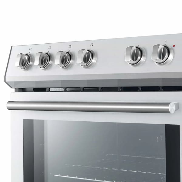 Close-up view of the control panel on the FORNO espresso electric range from the 4-Piece Appliance Package, featuring stainless steel knobs and a digital display for precise control of oven temperature, cooking modes, and timer functions.