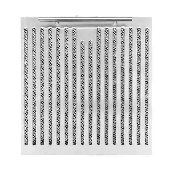 Close-up view of the stainless steel baffle filter from the FORNO espresso range hood, part of the 4-Piece Appliance Package, showing durable construction with angled slats designed to trap grease and ensure optimal airflow during kitchen ventilation.