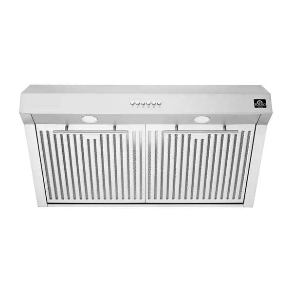 Main image of the FORNO espresso-colored range hood from the 4-Piece Appliance Package, featuring a sleek, wall-mounted design with a rich espresso finish, stainless steel baffle filters, and a central control panel for efficient kitchen ventilation with a stylish look.