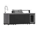 Angled view of the FORNO Rimini 30-Inch Outdoor Kitchen, featuring a premium stainless steel grill with ergonomic control knobs, side ventilation panels, and built-in storage drawers, designed for both style and functionality in an outdoor setting.