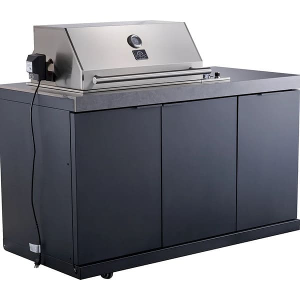 Left angle view of the FORNO Rimini 30-Inch BBQ Module, featuring a sleek stainless steel grill with ergonomic control knobs, dual cabinet doors, and a modern, durable design ideal for outdoor kitchens and patio cooking setups.