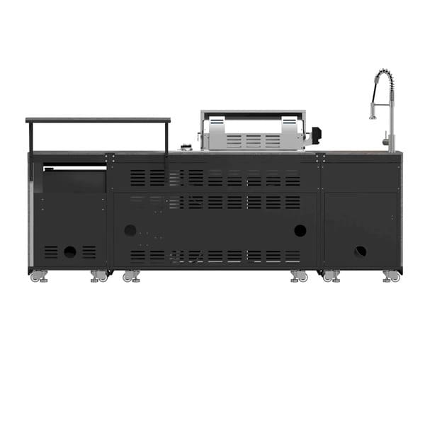 Rear view of the FORNO Rimini 30-Inch Outdoor Kitchen, displaying the ventilation panels, utility access points, and stainless steel finish designed for durability and efficient functionality in outdoor environments.