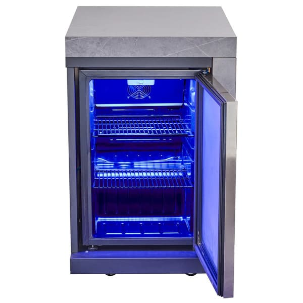 Front view of the FORNO Rimini 30-Inch Beverage Cooler with the door open, revealing adjustable metal shelves and interior LED lighting, all housed in a sleek stainless steel design for stylish and convenient outdoor refreshment storage.