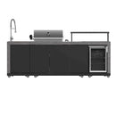 Front view of the FORNO Rimini 30-Inch Outdoor Kitchen, showcasing a sleek stainless steel grill with dual control knobs, storage drawers, and a minimalist design built for durability and performance in outdoor cooking spaces.
