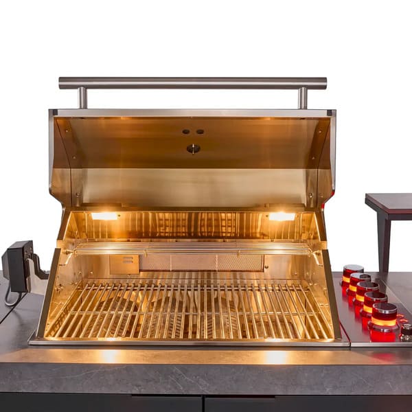Front view of the FORNO Rimini 30-Inch Outdoor Kitchen with the BBQ lid open, revealing stainless steel cooking grates, multiple burners, and interior lighting, designed for premium outdoor grilling and convenience.