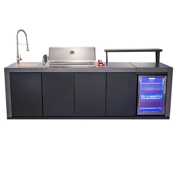 Main front view of the FORNO Rimini 30-Inch Outdoor Kitchen, highlighting the full stainless steel construction with a central grill, dual control knobs, spacious storage drawers, and a clean, modern design built for high-performance outdoor cooking.