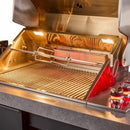 Close-up view of the FORNO Rimini 30-Inch Outdoor Kitchen’s rotisserie with integrated infrared burner, highlighting the stainless steel construction, rear-mounted burner element, and motorized spit rod for even, high-heat roasting performance.