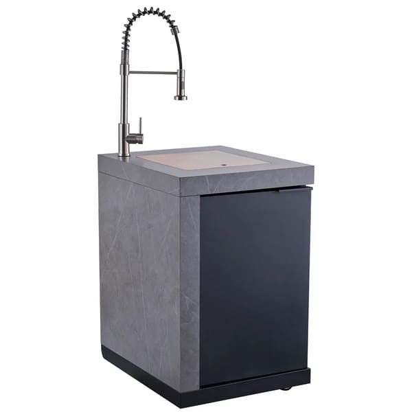 Left angle view of the FORNO Rimini 30-Inch Sink Module, showcasing a stainless steel sink with a tall faucet, integrated cutting board, and dual cabinet doors below, designed for efficient food prep and storage in an outdoor kitchen setting.