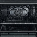 Interior view of the Forno 30-inch electric range in white, showcasing a spacious black enamel oven cavity with multiple wire racks and adjustable positions for versatile cooking needs.