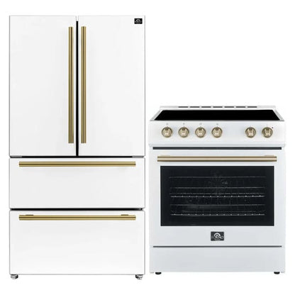 Forno 2-piece appliance package featuring a 30-inch electric range and a 36-inch French door refrigerator, both in a matching white finish with modern handles and sleek lines for a cohesive, contemporary kitchen look.