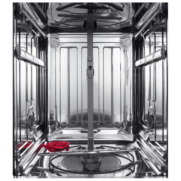 Interior view of the FORNO dishwasher showcasing dual racks, stainless steel tub, and adjustable sprayer arms designed for optimal cleaning performance.