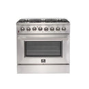 Front view of the FORNO dual fuel range from the 3-piece appliance package, featuring stainless steel construction, control knobs, and a spacious oven with French doors.