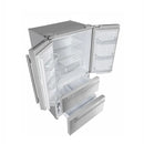 Left angle view of the FORNO French door refrigerator with both doors and freezer drawers open, revealing spacious interior storage, adjustable shelves, and organized compartments for optimal food storage.