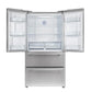 FORNO 36-Inch French Door Refrigerator, front view with both doors open, showcasing organized interior with multiple shelves, door bins, and drawers.