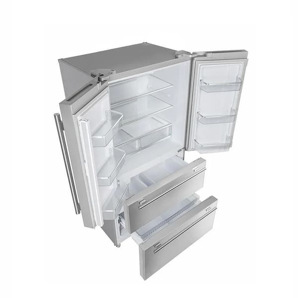 FORNO 36-Inch French Door Refrigerator in stainless steel, left angle view with both doors open, revealing spacious interior storage with shelves and bins.