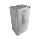 FORNO 36-Inch French Door Refrigerator in stainless steel, shown from left angle with sleek handles and spacious double doors.