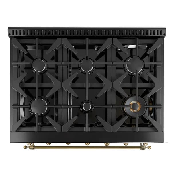 Top-down view of the Forno Antico 36-Inch Dual Fuel Range cooktop, showcasing five brass burners, heavy-duty cast iron grates, and a sleek stainless steel surface for professional-grade performance.
