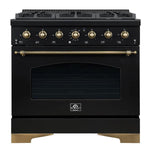 Front view of the Forno Antico 36-Inch Dual Fuel Range, featuring a sleek stainless steel finish, brass burner accents, and premium control knobs for a professional kitchen look.