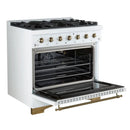 Angled front view of the Forno Antico 36-Inch Dual Fuel Range in white with oven door open, revealing a spacious blue enamel interior, heavy-duty racks, and convection fan for even baking.
