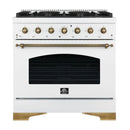 Front view of the Forno Antico 36-Inch Dual Fuel Range in white, featuring a clean matte finish, brass burners, and stainless steel control panel with premium knobs for a timeless kitchen aesthetic.