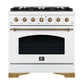 Front view of the Forno Antico 36-Inch Dual Fuel Range in white, featuring a clean matte finish, brass burners, and stainless steel control panel with premium knobs for a timeless kitchen aesthetic.