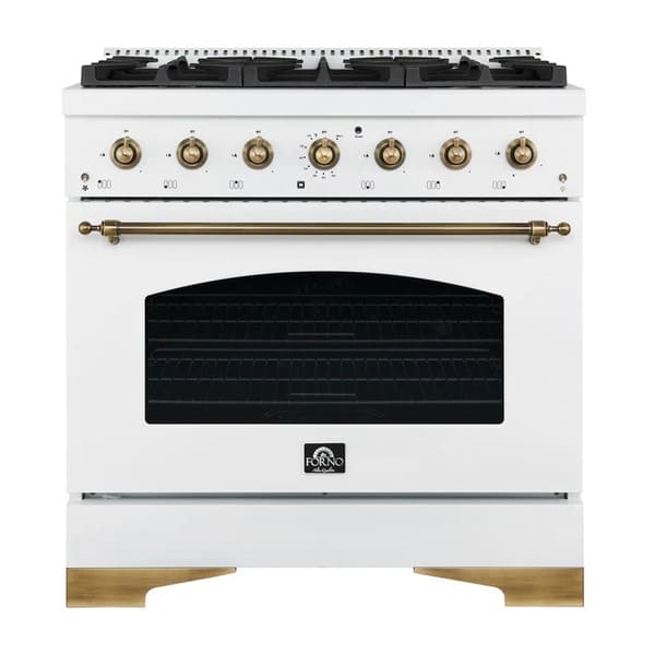 Front view of the Forno Antico 36-Inch Dual Fuel Range in white, featuring a clean matte finish, brass burners, and stainless steel control panel with premium knobs for a timeless kitchen aesthetic.