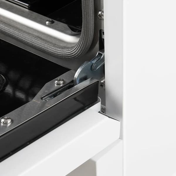 Close-up of the oven door hinges on the Forno Antico 36-Inch Dual Fuel Range in white, highlighting durable construction and smooth-opening support for long-lasting performance.