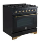 Left-angled front view of the Forno Antico 36-Inch Dual Fuel Range, showcasing its polished stainless steel design, brass burner detailing, and durable oven door construction.