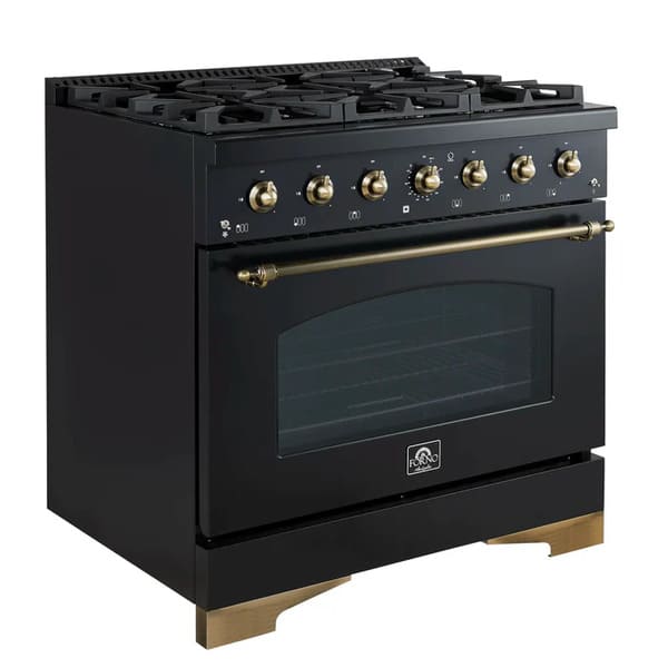 Left-angled front view of the Forno Antico 36-Inch Dual Fuel Range, showcasing its polished stainless steel design, brass burner detailing, and durable oven door construction.