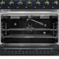 Interior view of the Forno Antico 36-Inch Dual Fuel Range oven, featuring a spacious blue enamel cavity, convection fan, and durable oven racks designed for multi-level cooking.