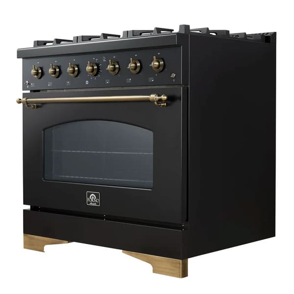 Right-angled front view of the Forno Antico 36-Inch Dual Fuel Range, featuring a refined stainless steel body, brass burner caps, and professional-grade oven and control design.