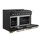Angled front view of the Forno Antico 48-Inch Gas Range with both oven doors open, revealing spacious blue enamel interiors, convection fans, and multiple heavy-duty oven racks.