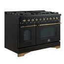 Front left-angled view of the Forno Antico 48-Inch Gas Range, featuring a sleek stainless steel finish, eight brass burners, and dual ovens with professional-style control knobs.