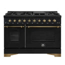 Front view of the Forno Antico 48-Inch Gas Range, showcasing a professional-grade design with eight brass burners, twin oven doors, and a sleek stainless steel finish.