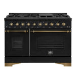 Front view of the Forno Antico 48-Inch Gas Range, showcasing a professional-grade design with eight brass burners, twin oven doors, and a sleek stainless steel finish.
