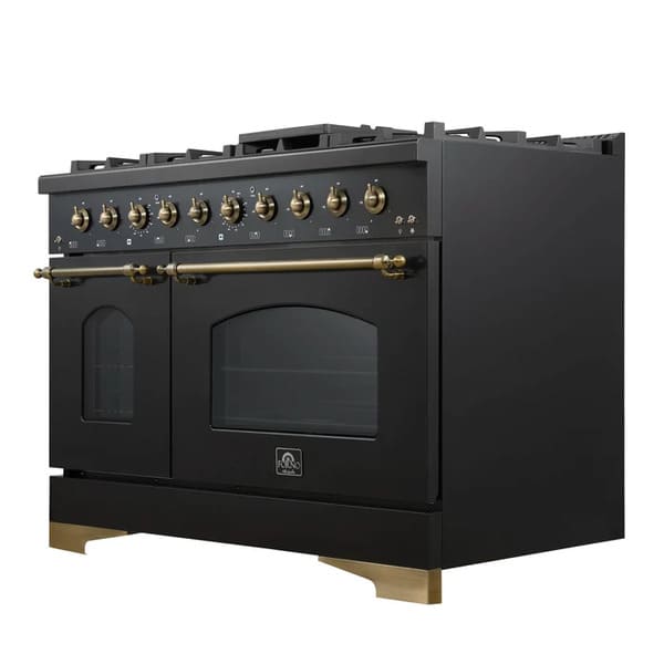 Front right-angled view of the Forno Antico 48-Inch Gas Range, highlighting its stainless steel finish, eight high-performance brass burners, and dual oven doors with heavy-duty handles.