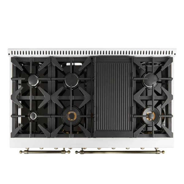 Top-down view of the Forno Antico 48-Inch Gas Range in white, showcasing eight brass burners, heavy-duty cast iron grates, and a sleek matte white surface for a high-performance cooktop.
