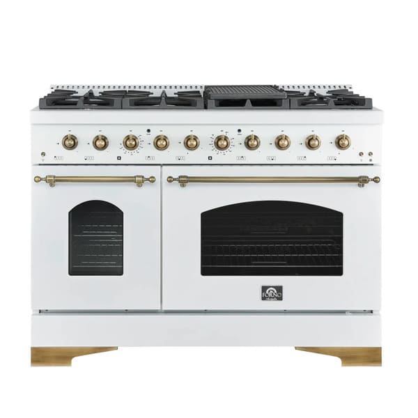 Front view of the Forno Antico 48-Inch Gas Range in white, featuring a matte white finish, eight brass burners, dual oven doors, and professional-style stainless steel control knobs.