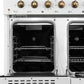 Interior view of the secondary oven in the Forno Antico 48-Inch Gas Range in white, showcasing a blue enamel finish, convection fan, and adjustable oven rack for smaller-scale cooking.