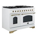 Left-angled front view of the Forno Antico 48-Inch Gas Range in white, highlighting its elegant matte white finish, eight brass burners, and dual oven configuration with premium control knobs.