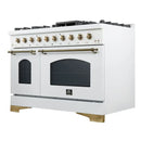 Right-angled front view of the Forno Antico 48-Inch Gas Range in white, showcasing its sophisticated matte white finish, eight brass burners, and dual ovens with pro-style controls and handles.