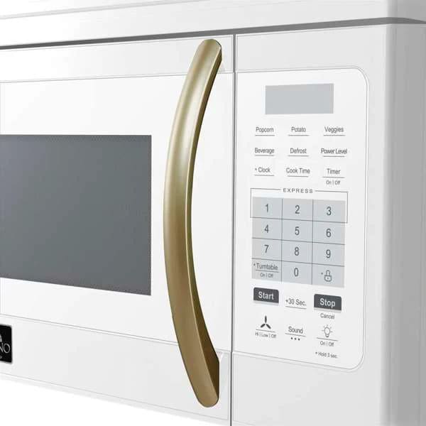 Right angle view of Forno FOTR3007 30-Inch Over-the-Range Microwave White model highlighting the handle and stainless steel accents