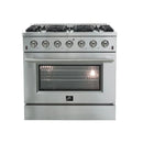 Front view of the FORNO Galiano 36-Inch Gas Range showcasing its French doors, stainless-steel finish, and six-burner cooktop with control knobs.